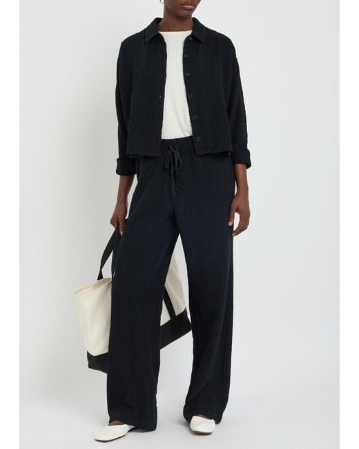 Eileen Fisher Blue Straight-Leg Seersucker Trousers