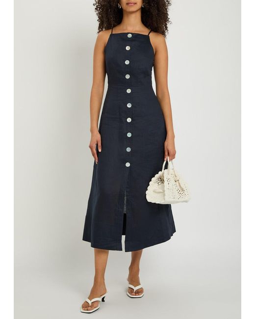 Veronica Beard Blue Georges Button-Up Linen Midi Dress