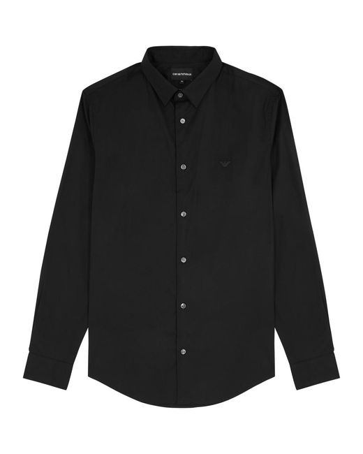 Emporio Armani Black Logo-embroidered Stretch-cotton Poplin Shirt for men