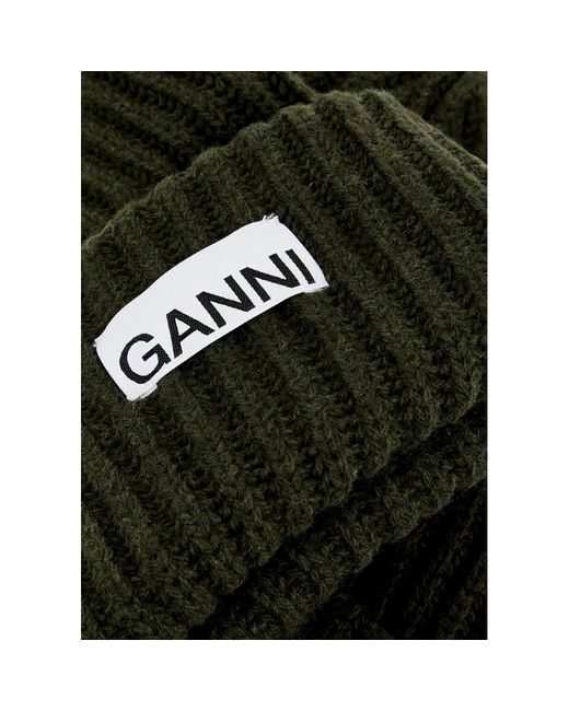 Ganni Green Ribbed Wool-Blend Beanie