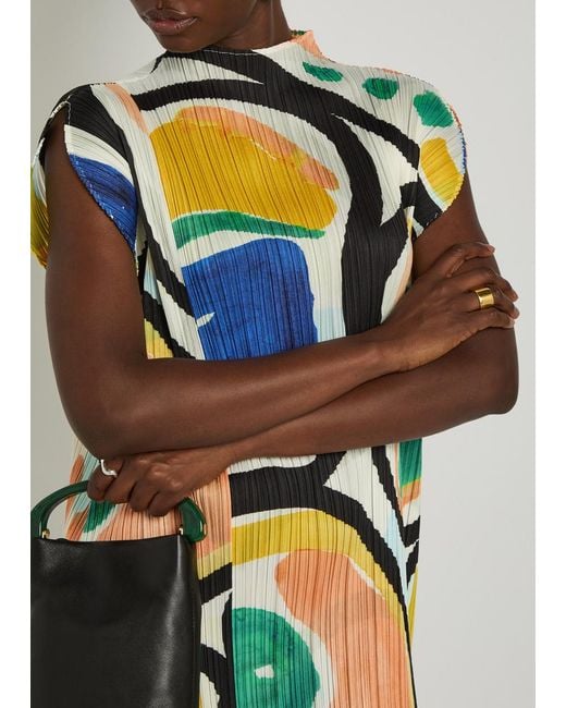 Pleats Please Issey Miyake Blue Pleated Printed Woven Mini Dress