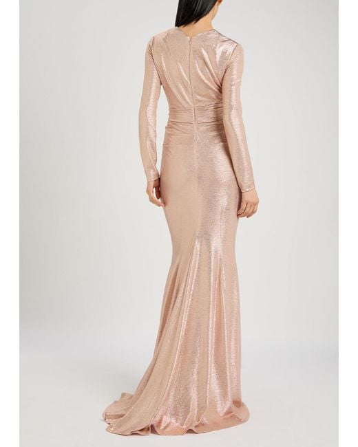 Talbot Runhof Natural Wrap-Effect Lamé Gown