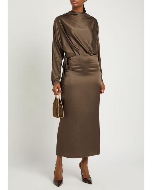 Staud Brown Phoebe Draped Stretch-Silk Dress