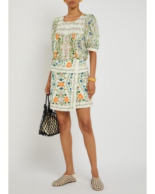 Farm Rio Gray Folk Floral-Print Cotton Mini Skirt