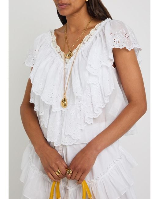 Chloé White Embroidered Ruffled Cropped Cotton Top
