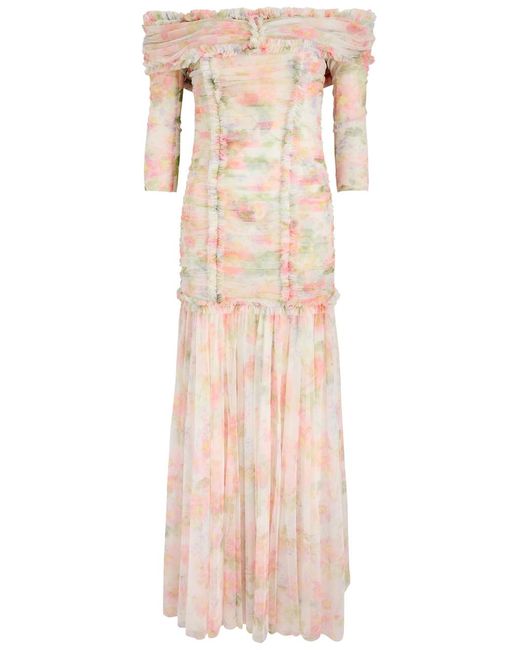 Needle & Thread Natural Immortal Rose Printed Off-The-Shoulder Chiffon Gown