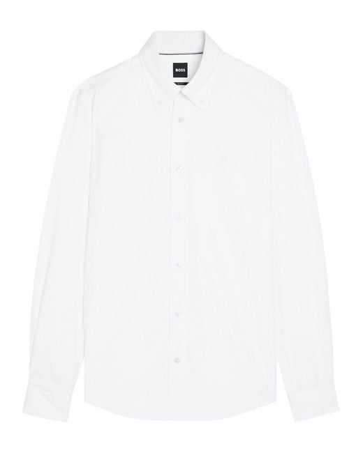 Boss White Roan Logo-Embroidered Cotton-Poplin Shirt for men