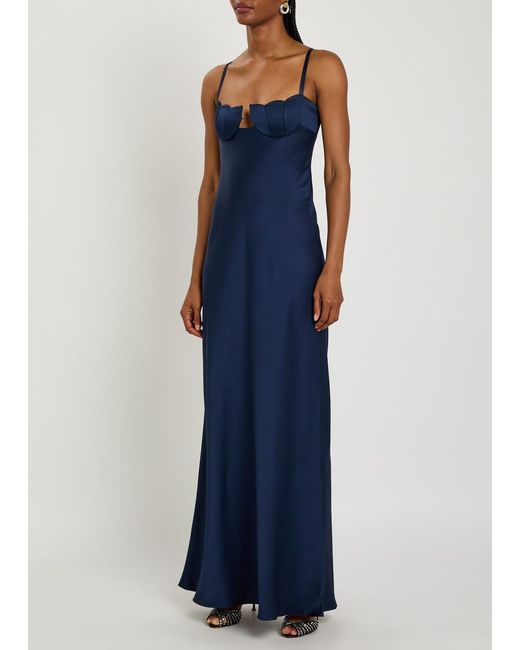 Anna October Blue Tulip Satin-Crepe Maxi Dress