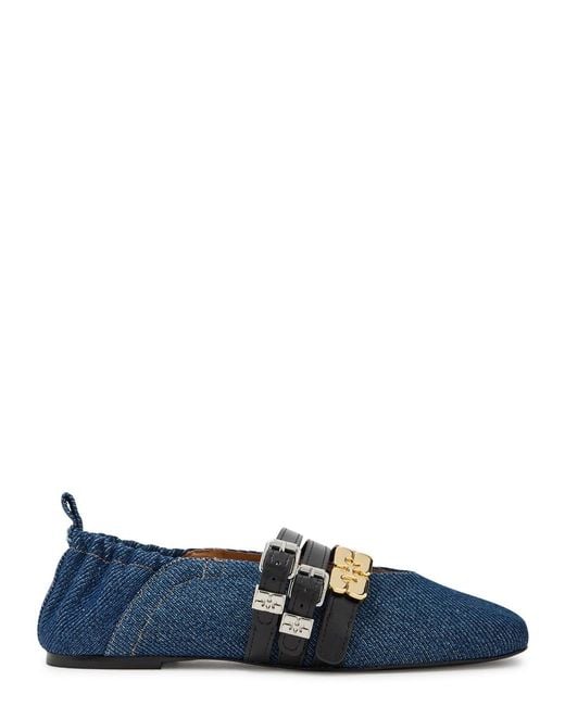 Ganni Blue Multi-Strap Chambray Ballet Flats