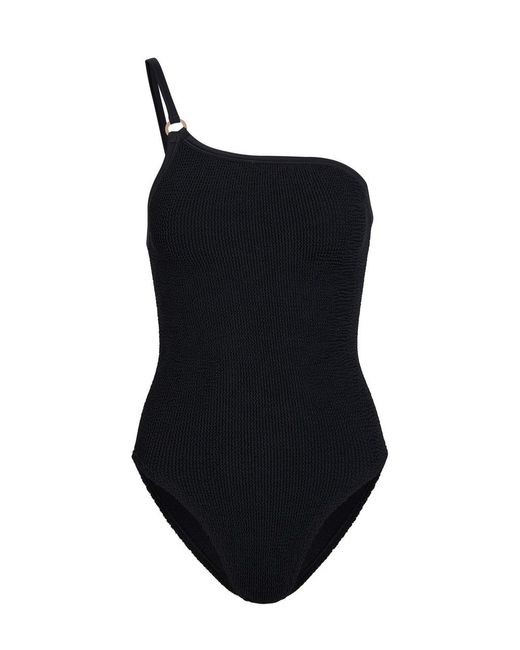 Hunza G Black Clara One-Shoulder Crinkle Swimsuit