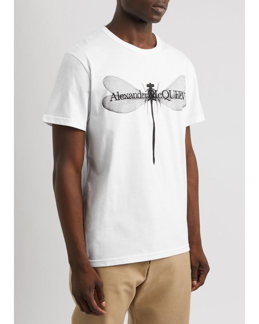 Alexander McQueen White Dragonfly Printed Cotton T-Shirt for men