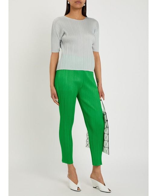 Pleats Please Issey Miyake Green Pleated Tapered-Leg Woven Trousers