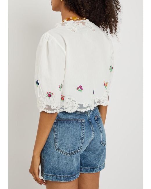 Rixo White Ursula Floral-Embroidered Cotton Top