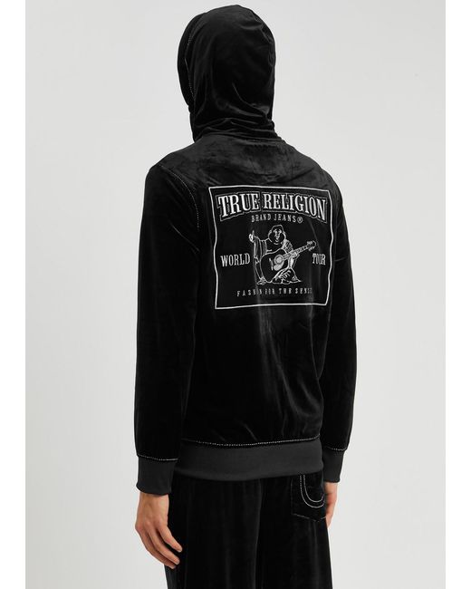True Religion Black Logo Hooded Velour Sweatshirt for men