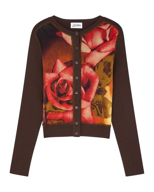 Jean Paul Gaultier Red Roses Printed Tulle And Knitted Cardigan