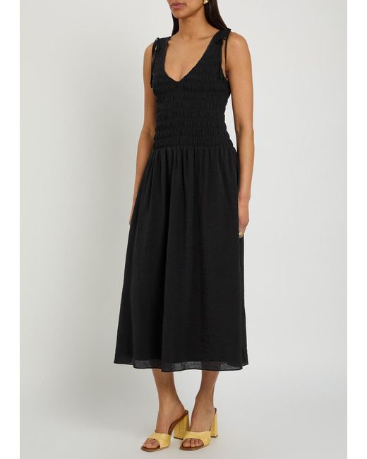 PAIGE Black Sebestian Shirred Woven Midi Dress