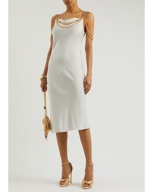 Rabanne White Chain-Embellished Satin Midi Slip Dress
