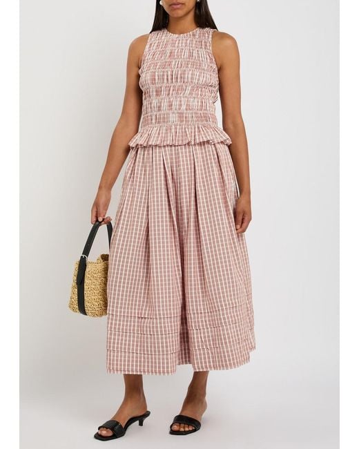 Faithfull The Brand Pink Cales Checked Shirred Cotton-Poplin Top
