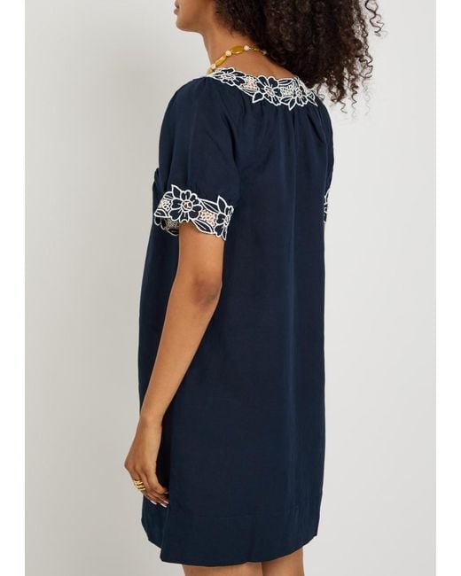 Rixo Blue Cristina Floral-Embroidered Linen-Blend Mini Dress