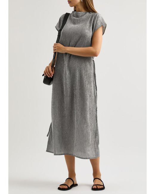 Eileen Fisher Gray Plissé Midi Dress