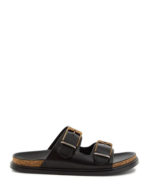 The Row Black Buckle Leather Slides