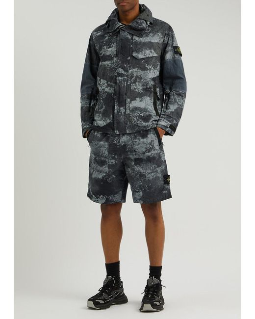 Stone Island Gray Camouflage-Print Logo Nylon Shorts for men