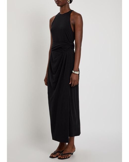 Another Tomorrow Black Sarong-Effect Jersey Midi Dress
