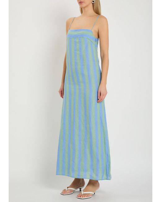 Staud Blue Laura Striped Linen Midi Dress