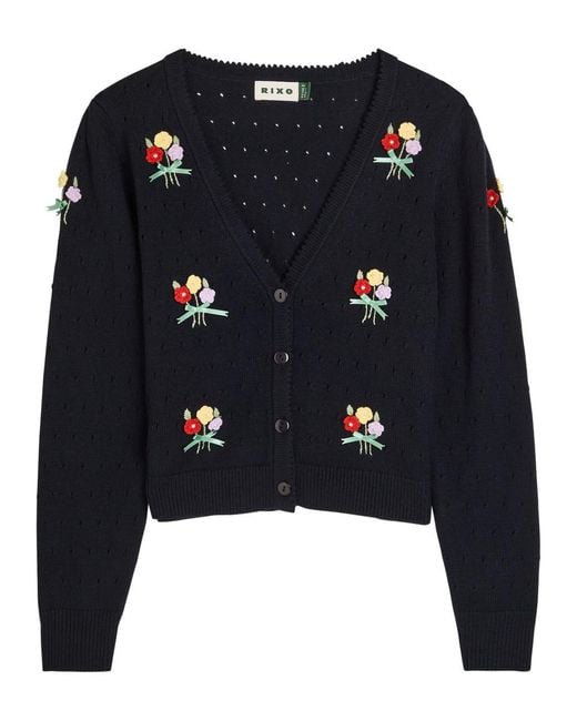 Rixo Blue Merinda Floral-Appliquéd Wool Cardigan