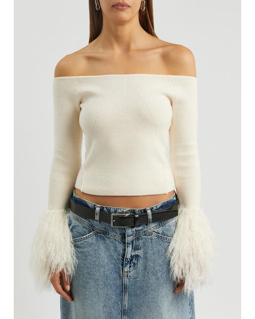 Free People White Marilyn Feather-trimmed Ribbed Top