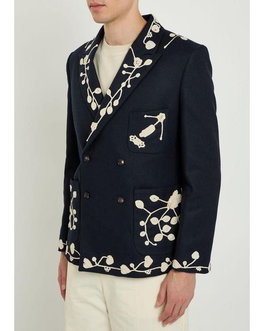 Bode Blue Snowdrop Embroidered Wool-Blend Blazer for men