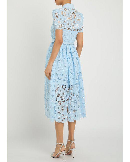 Self-Portrait Blue Belted Guipure-Lace Midi Shirt Dress