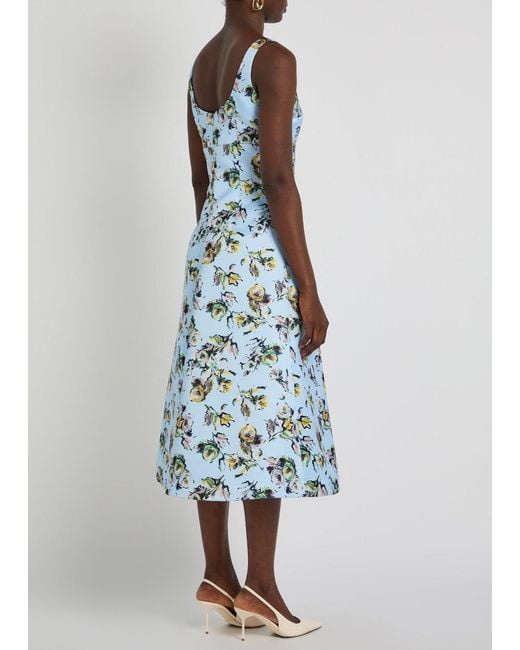 Emilia Wickstead Blue Abella Floral-Print Satin Midi Dress