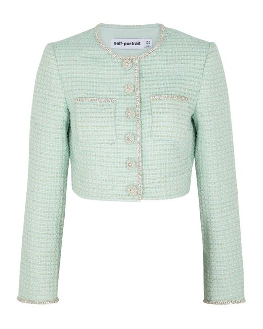 Self-Portrait Green Embellished Cropped Bouclé Tweed Jacket