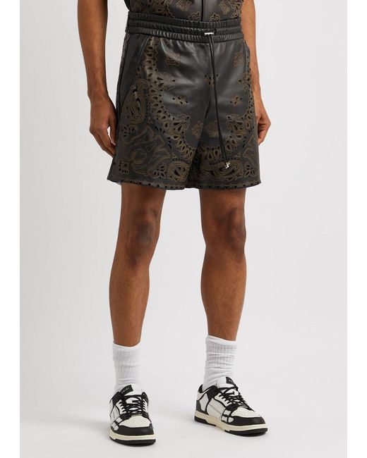 Amiri Gray Laser-cut Bandana Leather Shorts for men