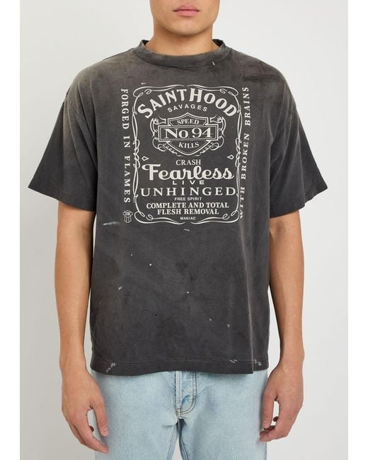 SAINT Mxxxxxx Gray Fearless Printed Distressed Cotton T-Shirt for men