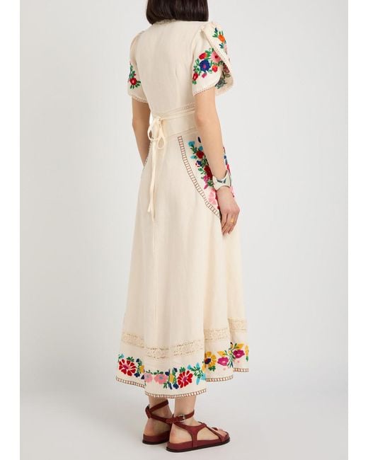 Rixo Natural Novara Floral-Embroidered Linen-Blend Midi Dress