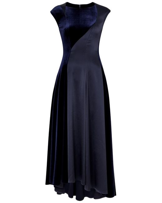 Talbot Runhof Blue Satin And Velvet Midi Dress