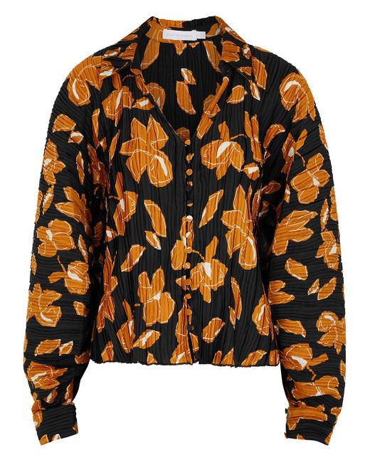 Jonathan Simkhai Black Winslow Floral-print Pleated Satin Shirt