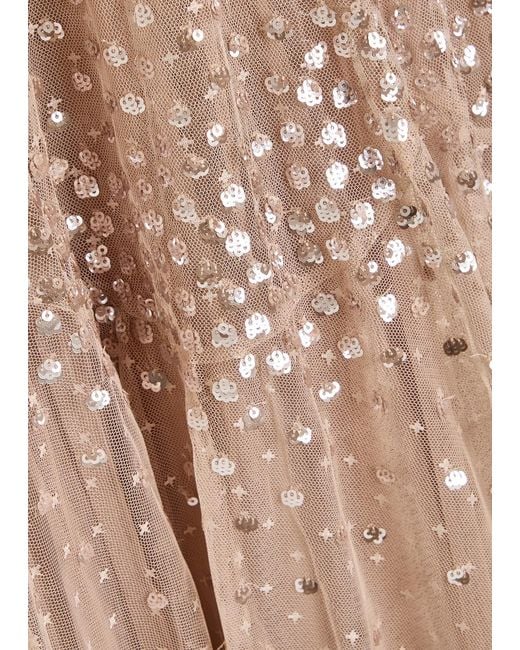 Needle & Thread Natural Sequin-Embellished Tulle Gown