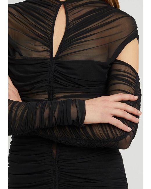 Mugler Black Ruched Stretch-Tulle Midi Dress