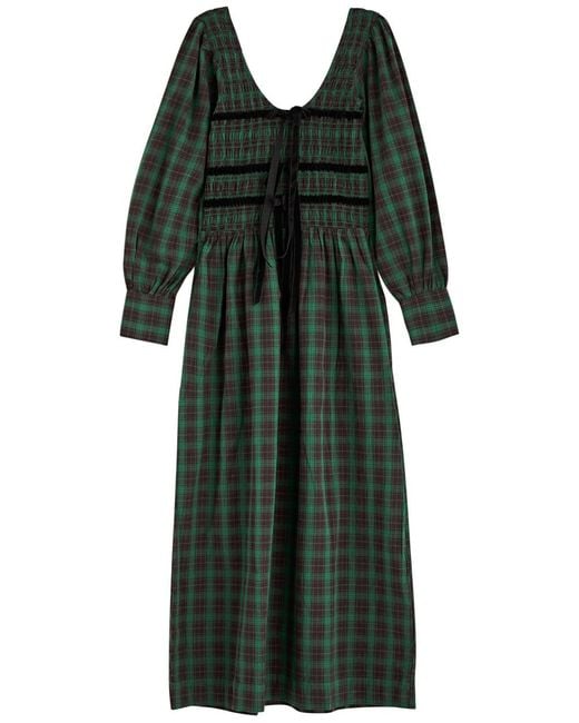 Damson Madder Green Elle Checked Cotton Midi Dress