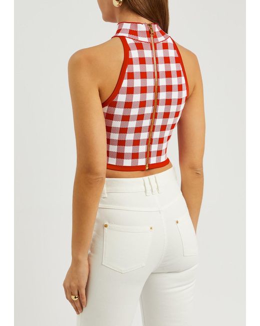 Balmain Red Checked Knitted Cropped Top