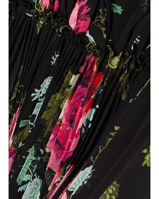 Erdem Black Floral-print Pleated Chiffon Midi Dress