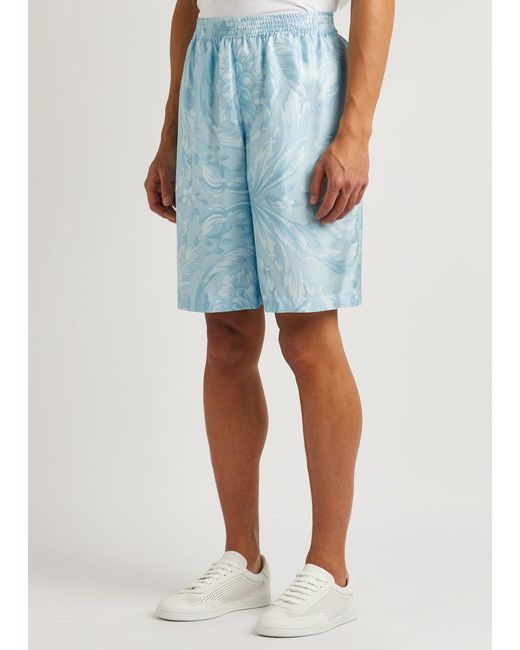 Versace Blue Barocco Printed Silk-satin Shorts for men
