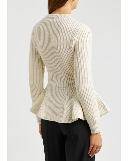 Alexander McQueen White Cable-knit Peplum Wool-blend Jumper