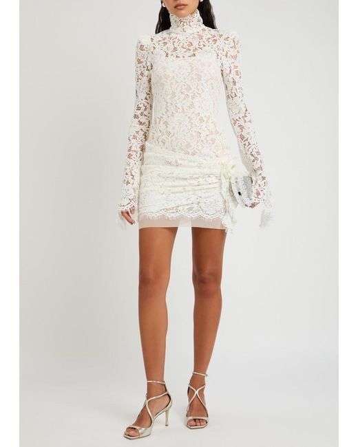 red lace bodycon dresses Sheer Scalloped-Lace Long-Sleeve Mini Dress in Wine Red - XL