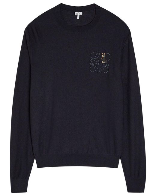 Loewe Blue Logo-Embroidered Wool-Blend Jumper for men