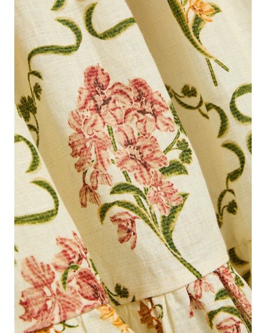 Agua Bendita Metallic Anis Floral-Print Linen Maxi Skirt