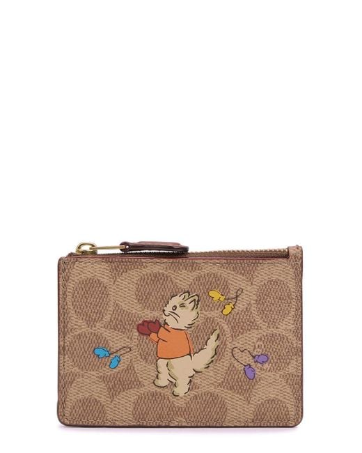 COACH Brown Cat-print Monogrammed Leather Coin Purse
